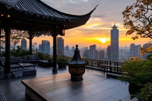 Sun rising over Chongqing skyline seen from traditional gazebo photo