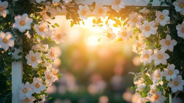 Beautiful white flowers climbing a white wooden pergola at sunset photo