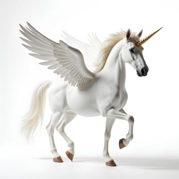 Majestic White Unicorn with Wings Prancing in Ethereal Landscape photo