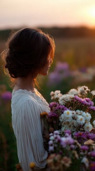 Woman holding a bouquet of flowers during sunset photo