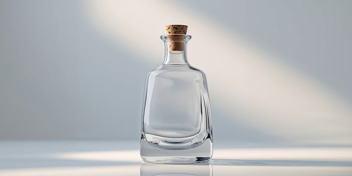 A glass bottle of alcohol with a cork stopper. photo