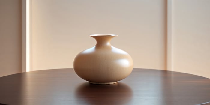 A brown vase sitting on a table in front of a wall photo