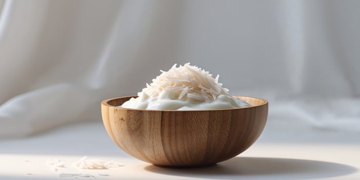 A wooden bowl filled with coconut cream photo