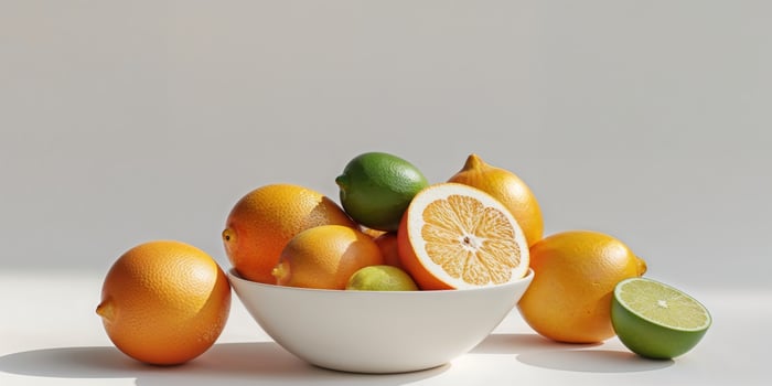 A bowl of oranges and limes sitting on a table photo