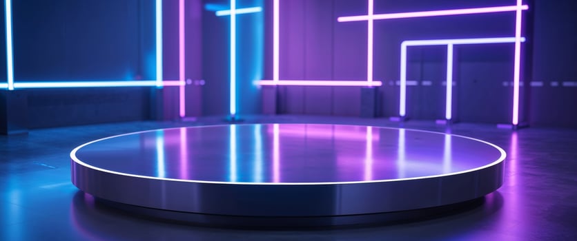 A round table with neon lights in the background photo