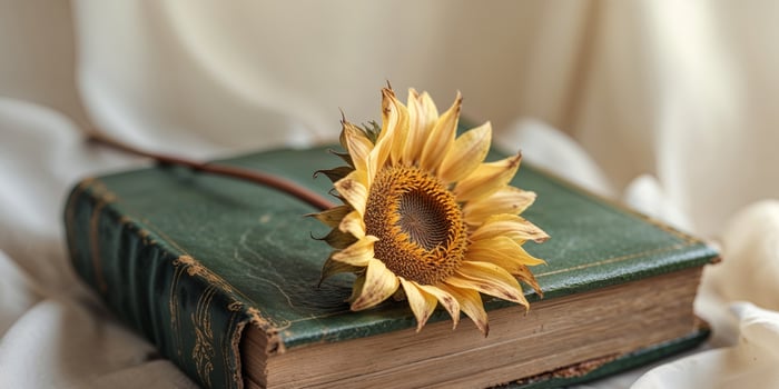 A sunflower sits on top of an old book photo
