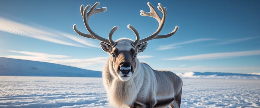 Reindeer in Arctic tundra snowy landscape bright daylight photo