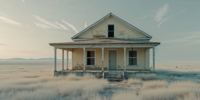 Abandoned house with porch in a lonely setting photo