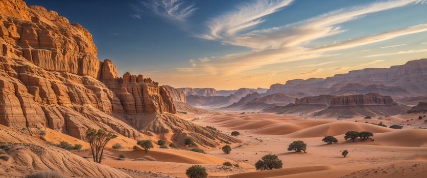 Golden sunset over vast desert landscape in Wadi Rum showcasing stunning rock formations and soft sand dunes. photo