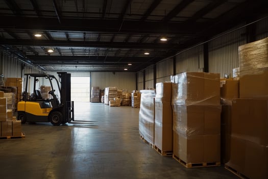 Forklift loaded with boxes inside a warehouse hangar. Warehouse area. photo