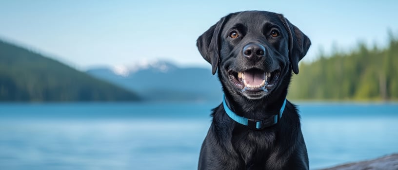 Playful black labrador dog at scenic lake nature photography outdoor adventure bright blue sky photo