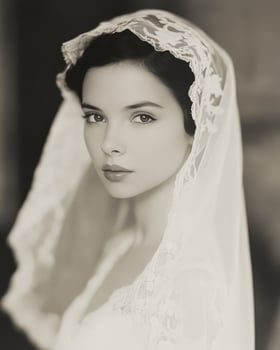Black-and-White Portrait of a Woman in a Vintage Lace Veil, Evoking a Classic and Elegant Aesthetic photo