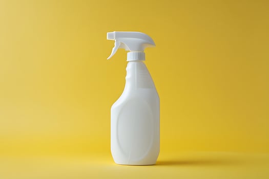 White spray bottle, minimalist design, vibrant yellow background, clean aesthetic, product photography, high contrast, studio lighting, centered composition, household cleaning product, simple photo