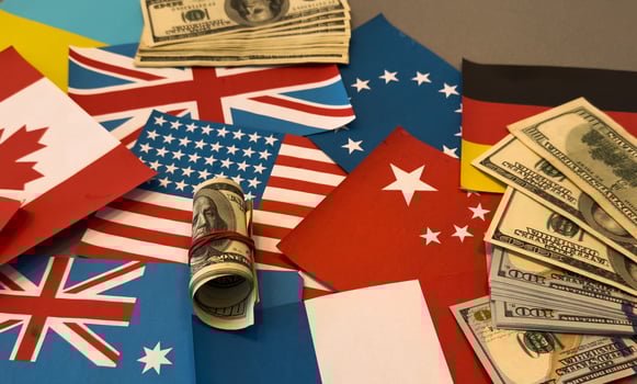 Tariff War shipping, trade and commerce concept, flags of the United States and the European Union photo