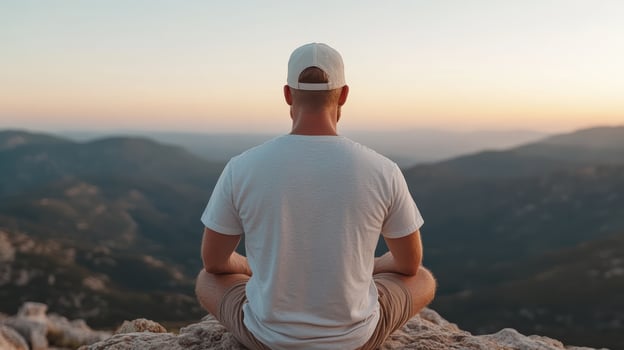 Man sitting in meditation pose on top of mountain photo