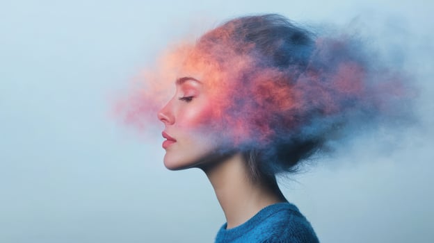 A woman with colorful smoke coming out of her head photo