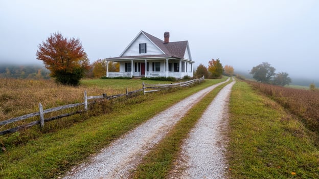 A country road leads to a white farmhouse photo
