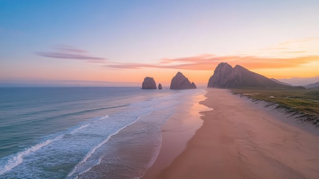 The beach at sunset with three rock formations in the background photo