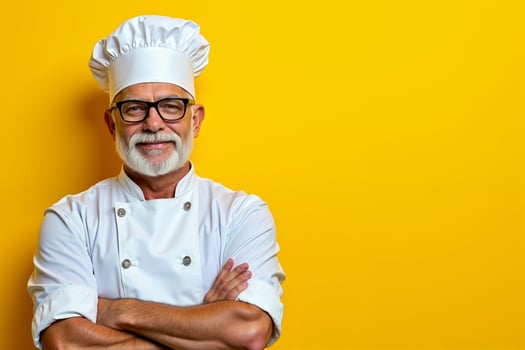 A man in a chef's hat and glasses with his arms crossed photo