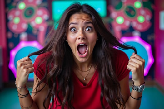A woman with her mouth open and her hair blowing in the wind photo