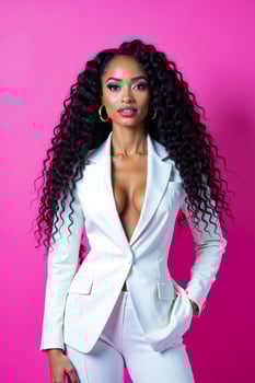 A woman in a white suit posing for a picture photo