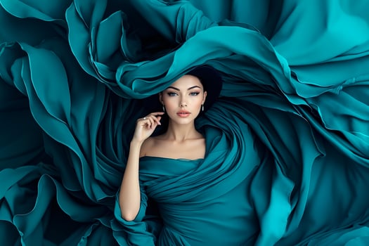 A woman in a blue dress and hat is surrounded by a blue fabric photo