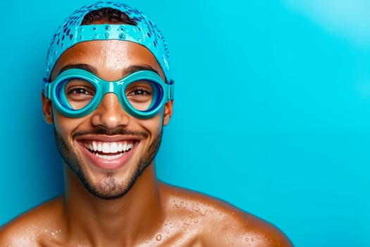 A man wearing a swimming cap and goggles smiles at the camera photo