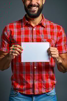 A man in a red plaid shirt holding a white card photo