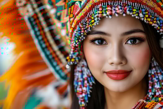 A woman wearing a colorful headdress smiles at the camera photo
