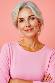 A woman with grey hair wearing a pink shirt photo