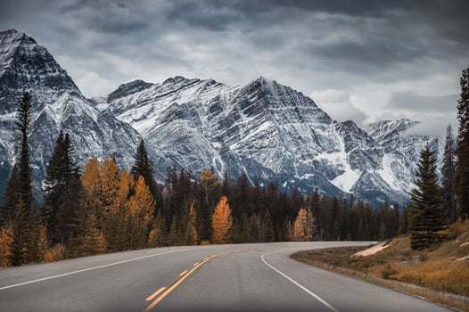 Road trip with rocky mountains and autumn forest in Banff national park at Icefields Parkway photo