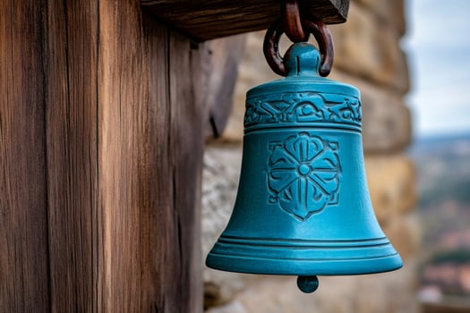Turquoise metal bell hanging on wooden beam in rustic setting photo
