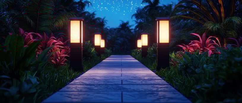 Serene night walkway surrounded by lush plants and soft lighting tropical garden nighttime tranquil atmosphere photo