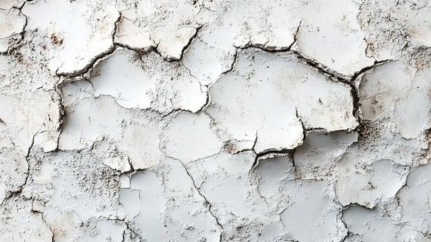 Severely Cracked White Plaster Wall Surface with Flaking Paint and Deep Fissures Creating Natural Abstract Texture Pattern photo