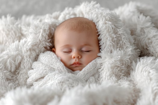 Baby sleeping peacefully wrapped in soft white blanket, creating serene and cozy atmosphere photo