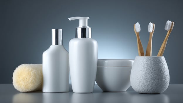 Clean dental hygiene products with white background and shadows, bright and professional lighting photo