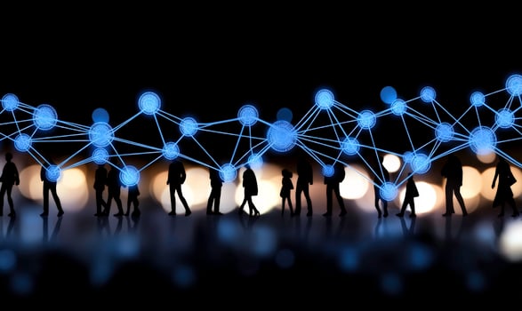 Silhouettes of People Walking with Digital Network Connections Representing Technology, Communication, and Social Interaction in Modern Society photo