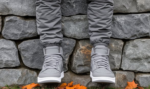 Urban Fashion Footwear in Gray Against a Stone Wall with Fall Leaves Beneath, Showcasing Modern Style and Comfort in Streetwear Culture photo