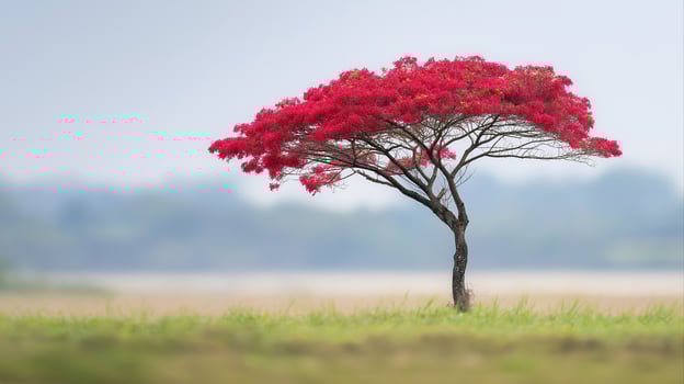 Vibrant Red Flowering Tree Isolated Against Soft Pastel Background in a Serene Landscape photo