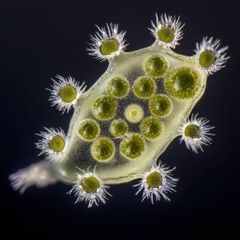 A green algae with many small white dots photo