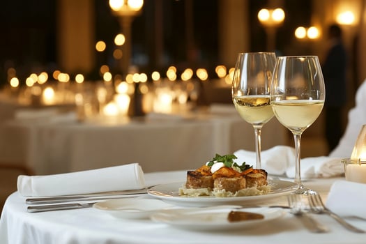 A table with two glasses of wine and a plate of food photo