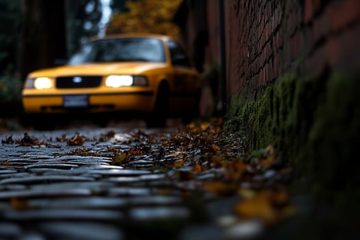 A yellow taxi cab is parked on a cobblestone street photo