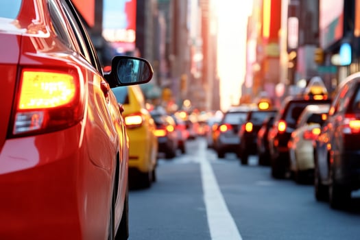 A red car is driving down a busy city street photo