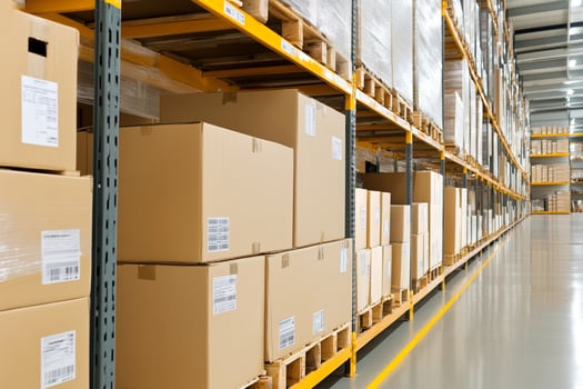 A warehouse with boxes and shelves photo