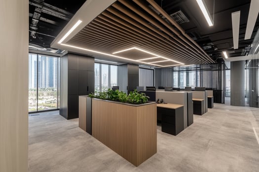 An office with wooden and black accents photo