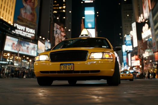A yellow taxi cab driving down a city street at night photo