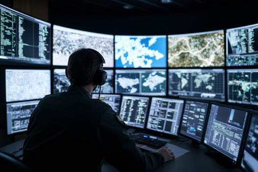 A man in a dark room with multiple screens photo