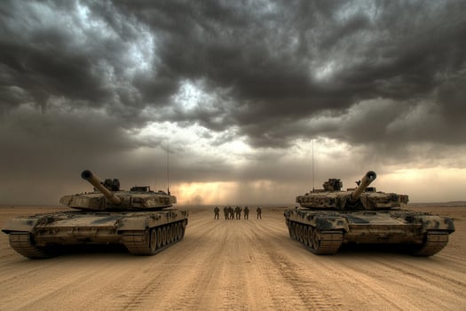 Two tanks are parked on a dirt road under a stormy sky photo