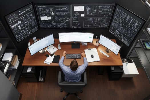 A man sitting at a desk with three computer monitors photo