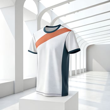 A white t - shirt with orange and blue stripes photo
